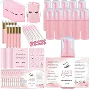 60PCS Lash Shampoo Bottles and Brushes Set, 10pcs Foam Pump Dispenser, Lash Cleaning Brush, Eyelash Extension Tube Brush, Instructions Cards, Bags, Lash Shampoo Stickers for Business Clients (B-pink)