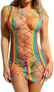 [Eyret] Rainbow Fishnet Bodystockings Mesh Fishnet Bodysuit Elastic Fishnet Lingerie Rave Party Bodysuit for Women and Girls
