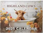 Highland Cows in Bathtubs Calendar, 2025 Animals Theme Hangable Calendar, 11.61x9.01x0.47in Highland Cows Farm Calendar, Monthly Hangable Calendar, Monthly Wall Calendar for Home