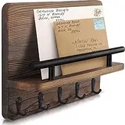Wooden Key Holder Wall Mounted Mail Holder，Mail Organizer with 5 Double Key Hooks and 1 Mail Sorter, Home Wall Decoration for Entryway,Front Door,Hallway,9.84x7.28x2.95 inch