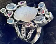 BALI LEGACY Kuisa Rainbow Moonstone and Multi Gemstone Ring 7 Sterling Silver
