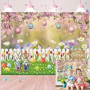 Spring Garden Photography Backdrop 8X6FT Easter Rabbit Colorful Eggs Photo Background for Spring Party Decoration Children Adult Birthday Party Banner (94X70inch)