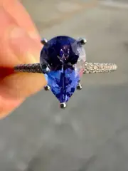 Tanzanite - White Zircon - Sterling Silver Rhodium Ring Sz 8 Pear BBJ JTV