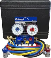 Mastercool 86972 R134a 4-Way Aluminum Manifold Gauge Set with Manual Couplers, 3-1/8" Gauges, and 72" Hoses - U.S. Assembled & Tested