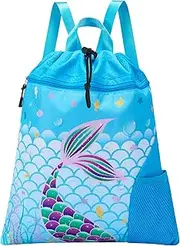 WAWSAM Gym Drawstring Backpack - Sports Gym PE Bag for Kids Waterproof Swimming Beach Backpack with Zippered Pocket and Water Bottle Holder