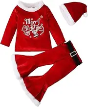 [Generic] Christmas Outfits for Girls - Velvet Pullover + Bell Bottom + Santa Hat,Skin-Friendly Soft Velvet Winter Christmas Outfits for Holiday Birthday Party Dress Up