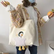 Duck Embroidered Canvas Tote Bag Milk Tea & Duck - Green - One Size