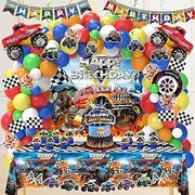 Monster Truck Birthday Decorations, Monster Jam Party Decoration Supplies include Truck Balloons Arch, Tablecloth, Backdrop, Cake Cupcake Toppers, Hanging Swirls, Flags, Truck Birthday Decor for Boys