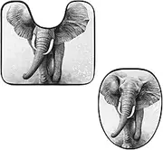 Toilet Lid Cover and U-Shaped Toilet Floor Mat Set of 2 Pieces, Drawing African Elephant Toilet Mat Set, Machine Washable Seat Covers Non-Slip Absorbent Rugs