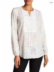 NWT T Tahari Cierra Lace Bib Peasant Blouse In GREY HAZE Size S