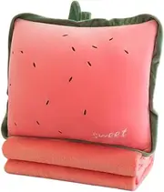 Rikyo 15" Stuffed Fruit Travel Blanket and Pillow Set,3 in 1 Plush Stuffed Hugging Pillow with Warming Hands Pillow Blanket for Kids Gift Airplane Train Bed Office Nap (Watermelon Red-Watermelon)