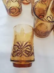 Vintage Libbey Amber Juice Glass set of 8 ( New ) Golden Leaf Design & Brown Bow