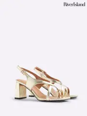 River Island Gold Cross Strap Toe Clip Heeled Sandals (W58134) | $92