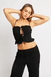 Black Cami Top Sleeveless Tie Front Linen Blend - Size 16, Women's Cami