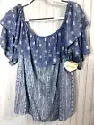 Self Esteem Womens TOP 3X Boho Coastal Soft Blue White Mixed Floral Layered NEW