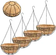 KIDYBELL 4 Pack 14 Inch Hanging Baskets for Plants Outdoor Metal Hanging Planter Basket with Coco Coir Liner Hanging Flower Baskets Hanging Flower Pots Holder for Garden, Patio(Flower)