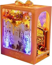 DIY Christmas Book Nook Kit with LED Light and Furniture,DIY Wooden Dollhouse Kit Puzzle House Model Building Kits, Home, Bookshelf Decor
