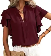 [Zylphorix] Women V-Neck Loose Solid Elegant Shirt Double Lotus Leaf Sleeve Pullover Tops Summer Classic Casual Commute Blouses