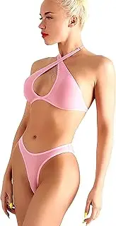 [Truhani] Hot Sexy See Through Bikini Two Piece Swimsuit Bottom & top Set. Sheer high Cut Leg Pink Brazilian Panties & Bra