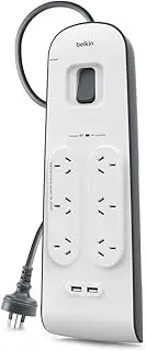 Belkin 6 Way Outlet Surge Protector 2M Power Board 2.4A w 2 USB Ports Charger