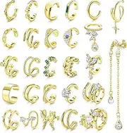 [Sanfenly] 27 Pcs Ear Cuffs for Women Non Piercing, 14K Real Gold Plated Clip On Earrings CZ Cartilage Ear Cuff Earrings for Women Fake Piercing Earrings Ear Clips