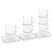 12pc Cozy Stacking Glass Coffee Cups & Saucers Set - 350ml