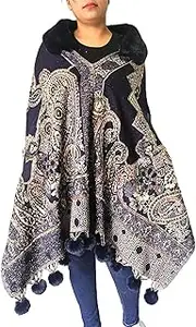 [Generic] Casual Paisley Print Wool Poncho with Faux Fur Trim, Black and Beige, Pom Pom Detail Women Pullover, Black/ Beige, One Size