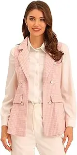[Allegra K] Women's Plaid Tweed Lapel Open Front Sleeveless Blazer Vest Jacket with Pockets
