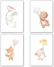 Generisch Damalia 4 Pictures for Children's Room, Happy Animals with Flower, Poster A4 without Picture Frame, Children's Room Poster, Girls and Boys, Approx. 21 x 30 cm, TiereBlume004