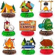 Camping Honeycomb Centerpiece, 9pcs Camper Table Centerpieces/Happy Camper Honeycomb Centerpieces/Camping Birthday Party Decorations, Themed Party Decorations