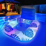DZSYDZ Floating Pool Chair with Solar Powered Light, XL Inflatable Pool Floats Adults with Light, Large Pool Float with Night Lights, Summer Beach Pool Chair, Lake Raft with Cup Holder, Blue, FY-ZY02