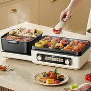 BEAR Electric Grill with Hot Pot, 2-in-1 Folding Korean BBQ Grill Indoor & Shabu Shabu Pot, Removable Hotpot & Grills, Non-Stick, Adjustable Temperature, 2100W