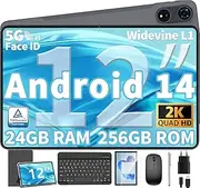 JJGJ Tablet 12 Inch Android 14 Tablet, 24GB (8+16) RAM + 256 Storage (Expand to 1TB), Android Tablet with Keyboard, Octa-Core, 2K 2000x1200 Display, 16MP Dual Camera, 8000mAh, 5G WiFi, GPS (Silver)