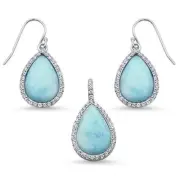Pear Shape Natural Larimar & Cz Dangle Earring & Pendant .925 Sterling Silver Se