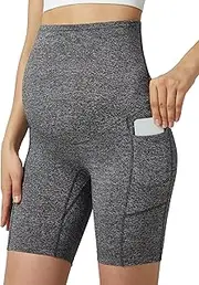 [POSHDIVAH] Women's Maternity Shorts Over The Belly Biker Yoga Active Pregnancy Workout Short Pants with Pockets 8"