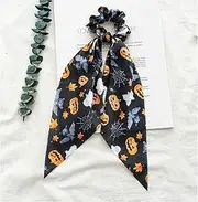 Halloween Scrunchies Pumpkin Ponytail Holder for Costumes, Cosplay - No Damage Hair Ties With Ribbon Bow Elastic Bands - Hair Accessories for Women