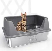 Stainless Steel Cat Litter Box with Lid, DIY Stickers Included, 23.7" Lx15.8 Wx12.3 H with High Side, Extra Large Litter Box Enclosure, XXL Metal Litter Pan Tray, Non-Sticky, Anti-Leakage&Odorless