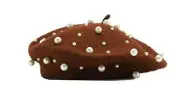 2023 Vintage Beret Hat Pearl Wool Lady Winter Warm Hat Beanies 7-7 1/4 Caramel