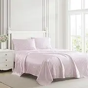 [Laura Ashley] Queen Bed Sheets, Printed Satin Bedding with Matching Pillowcases, Deep Pocket, Lightweight for Year-Round Use, Oeko-Tex Certified (Bow Ribbon Pink)