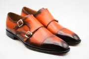 Men Handmade Shoe Tan Shaded Leather Double Monk Strap Toe Cap Formal Wear Boot