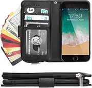 Cavor for iPhone SE 2020/ SE 2022/ iPhone 7/ iPhone 8 Case,PU Leather Zip Pocket Wallet Flip Cover Case Magnetic Closure Book Design with Kickstand Feature & Card Slots(4.7")-Black