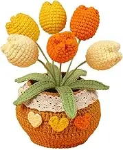 Artificial Knitted Potted Flowers,Handmade Tulip Flower with Exquisite Pot,Crochet Flowers for Bookshelf Home Office Table Centerpiece Car Decor,Orange