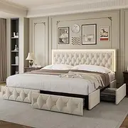 Keyluv Full Upholstered LED Bed Frame with 4 Drawers, Velvet Platform Storage Bed with Adjustable Button Tufted Headboard and Solid Wooden Slats Support, No Box Spring Needed, Beige