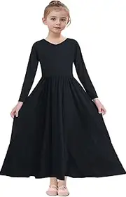 [ORIDOOR] Girls Praise Dance Dress Metallic Gold Liturgical Worship Church Robe Full Length Swing Lyrical Costume, 05-black, 9-10 Years