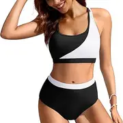 [Kate Kasin] Women's Bikini Set, High Waist, Colour-Blocking Swimsuit, Square Collar, Swimwear, Padded, Retro Swimsuit