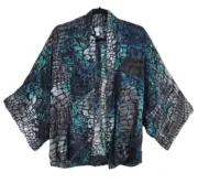 Chico's Silk Devore Butterfly Wing Print Kimono Open Front Jacket Topper M/L