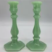 Candleholders Candlestick Holders - Jade Jadeite Green Glass Mosser USA Set of 2