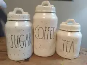 New Rae Dunn COFFEE, TEA & SUGAR White Ceramic Set of 3 Canisters