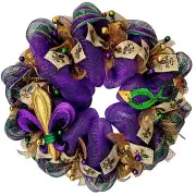 Mardi Gras Wreath Fleur de Lis and Mask Deco Mesh