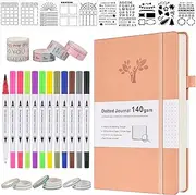 Bullet Dotted Journal Kit, 140gsm Hardcover A5 Dotted Journal with 188 Numbered Pages and 3 Index, 12 Brush Pens Dual Tip, 10 Stencils and 14 Washi Tape for Women Men Teen Girls, Pink
